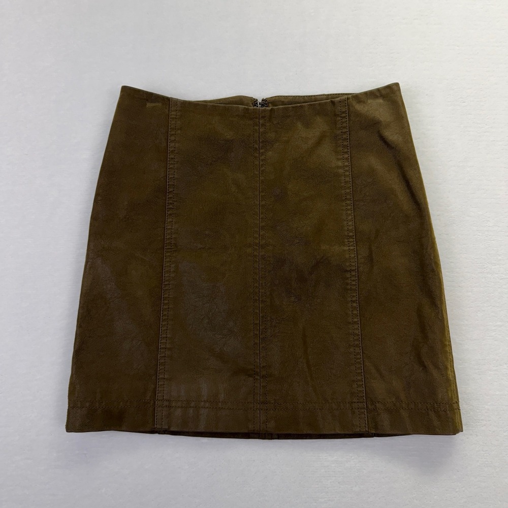 Free People Olive Green Brown Vegan Leather Mini Skirt High Waisted Size 2